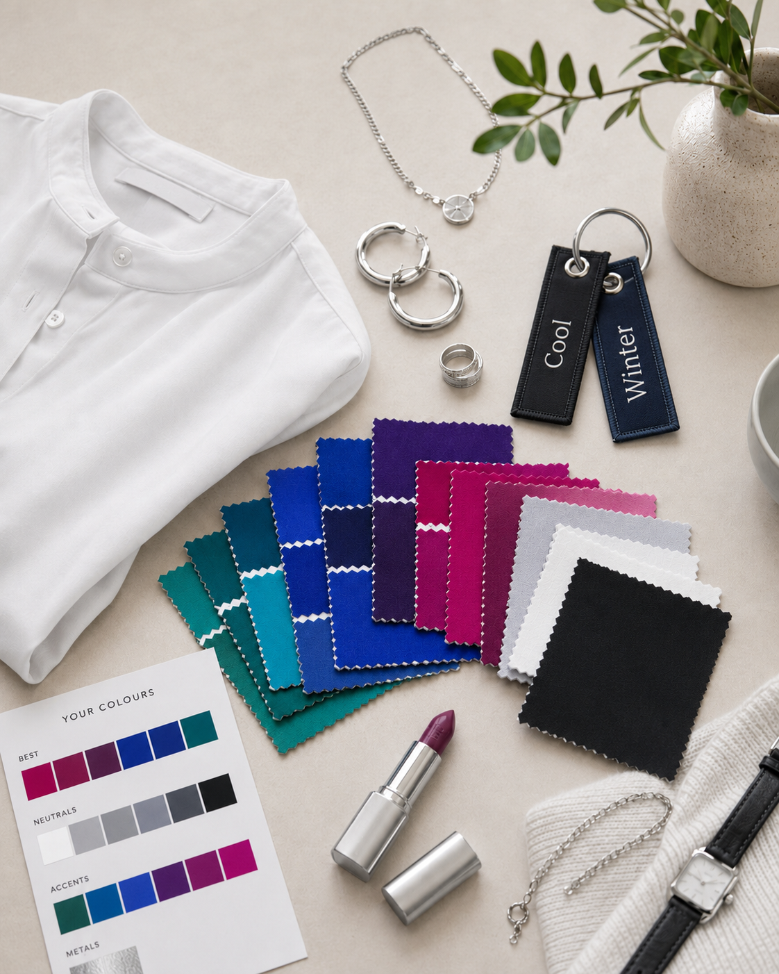 Styled accessories and colors for a Winter palette